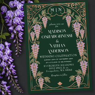 Convites Casamento Roxo Wisteria Art Nouveau Dourado Rosa