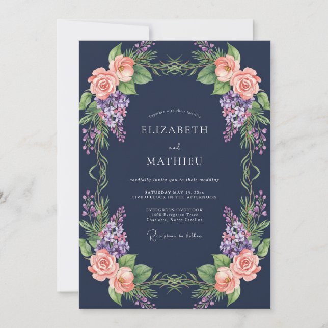 Convites Casamento Roxo Wisteria Meia-Noite (Frente)