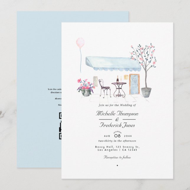 Convites Casamento RSVP Código QR Aquarela Paris (Frente/Verso)