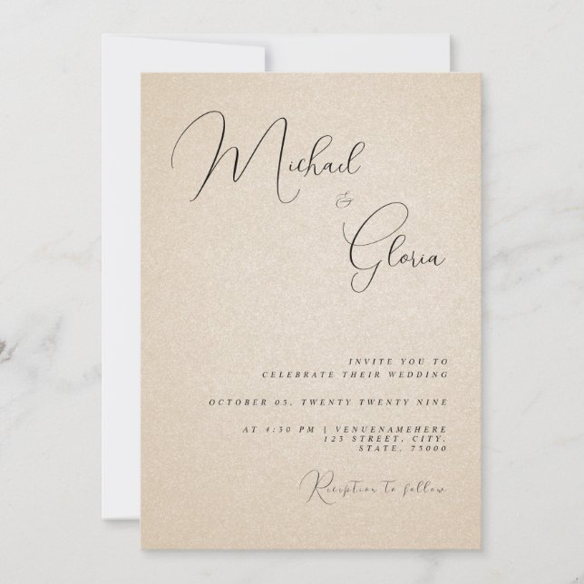 Convites Casamento RSVP Código QR Caligrafia Areia Bege Mod (Frente)