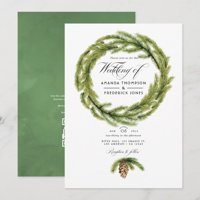 Convites Casamento RSVP Código QR de Pinheiros de Aquarela  (Frente/Verso)