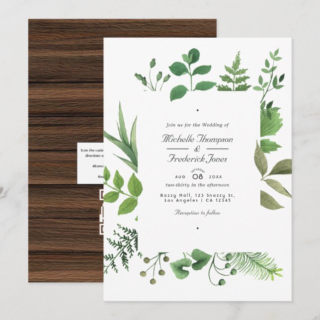 Convites Casamento RSVP Código QR de Vegetação de Celeiro R (Frente/Verso)