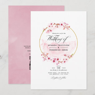 Convites Casamento RSVP Código QR Flor de Cerejeira Rosa Ge