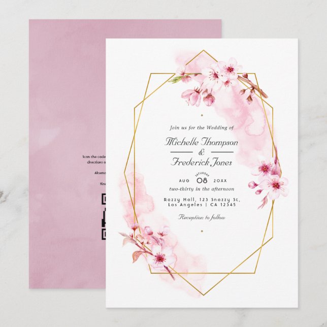 Convites Casamento RSVP Código QR Flor de Cerejeira Rosa Ge (Frente/Verso)