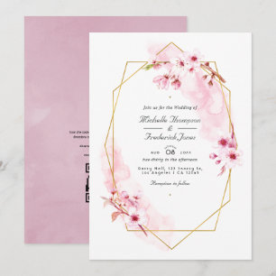 Convites Casamento RSVP Código QR Flor de Cerejeira Rosa Ge