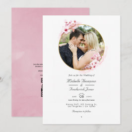 Convites Casamento RSVP Código QR Flor de Cerejeira Rosa Ge