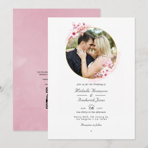 Convites Casamento RSVP Código QR Flor de Cerejeira Rosa Ge