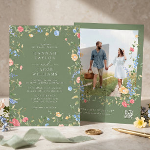 Convites Casamento RSVP Código QR Foto Sage Flor Silvestre
