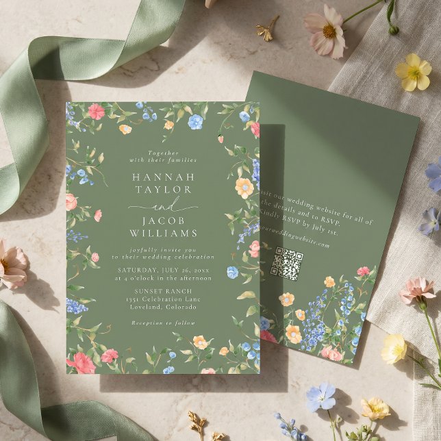 Convites Casamento RSVP Código QR Verde Sálvia Boho Flor Si (Criador carregado)