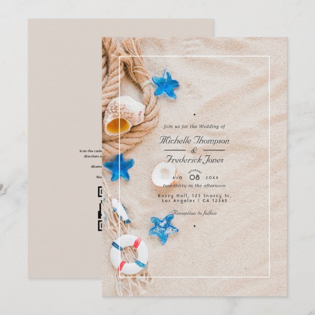 Convites Casamento RSVP de Código QR da Praia legal de Verã (Frente/Verso)