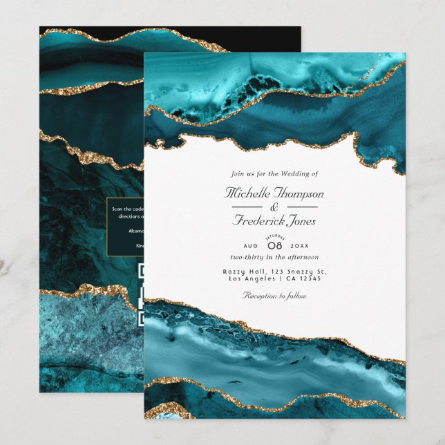 Convites Casamento RSVP de Código QR de Ágato Teal e Dourad (Frente/Verso)