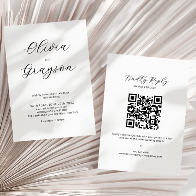 Convites Casamento RSVP de Código QR de Caligrafia Minimali (Criador carregado)