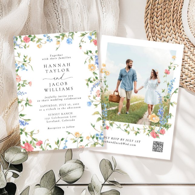 Convites Casamento RSVP de Código QR de Foto de Flor Selvag (Criador carregado)