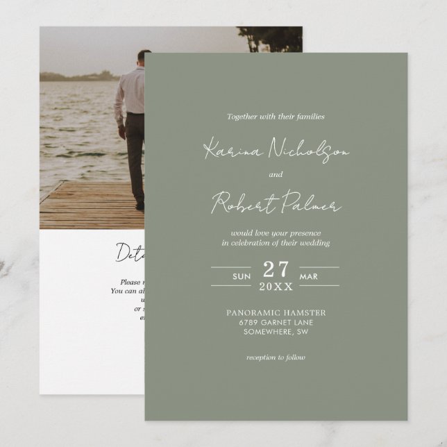 Convites Casamento RSVP de Código QR de Foto Verde de Orçam (Frente/Verso)