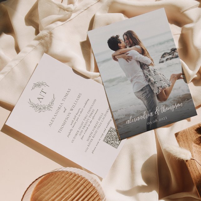 Convites Casamento RSVP de Código QR de Foto Verde de Sage  (Criador carregado)