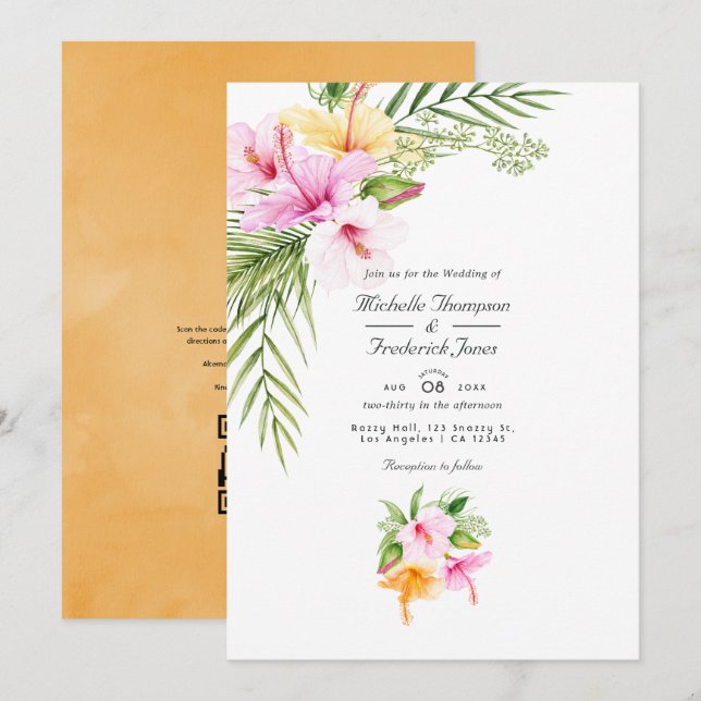 Convites Casamento RSVP de Código QR de Praia Floral Tropic (Frente/Verso)