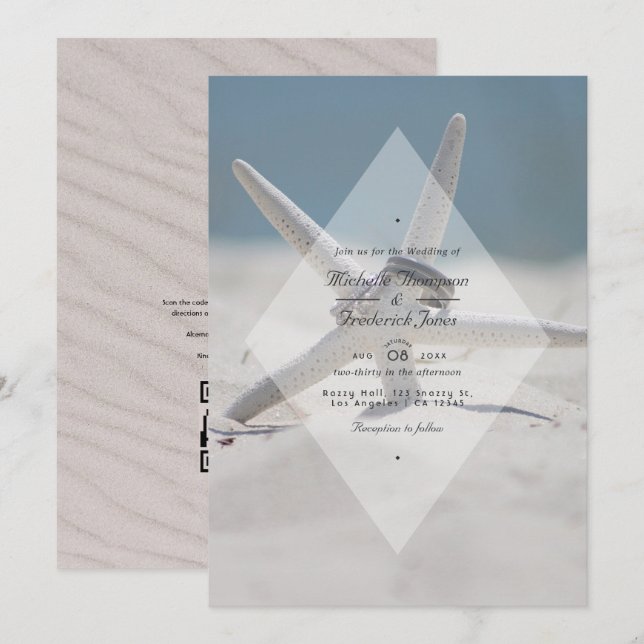 Convites Casamento RSVP de Código QR de Praia Tropical de V (Frente/Verso)