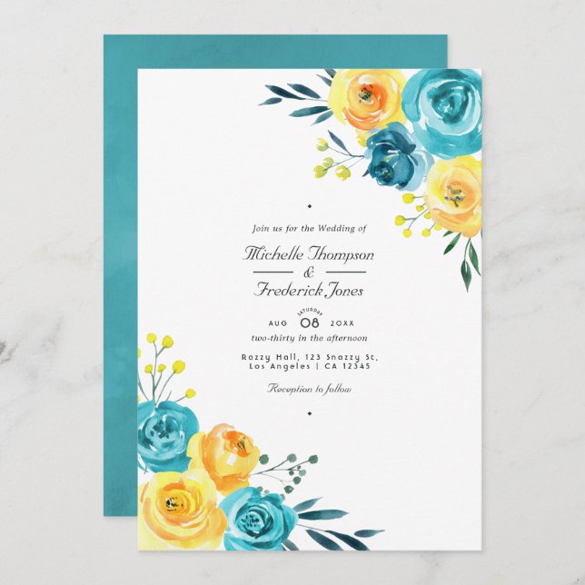 Convites Casamento RSVP de Código QR Floral Amarelo e Turqu (Frente/Verso)