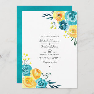 Convites Casamento RSVP de Código QR Floral Amarelo e Turqu
