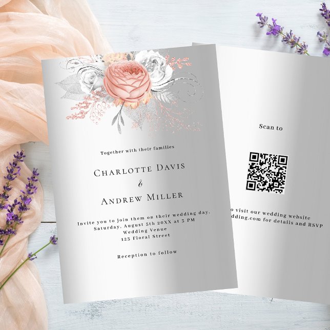 Convites Casamento RSVP de código QR floral de rosa prata (Criador carregado)
