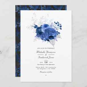 Convites Casamento RSVP de Código QR Floral Real Azul e Pra