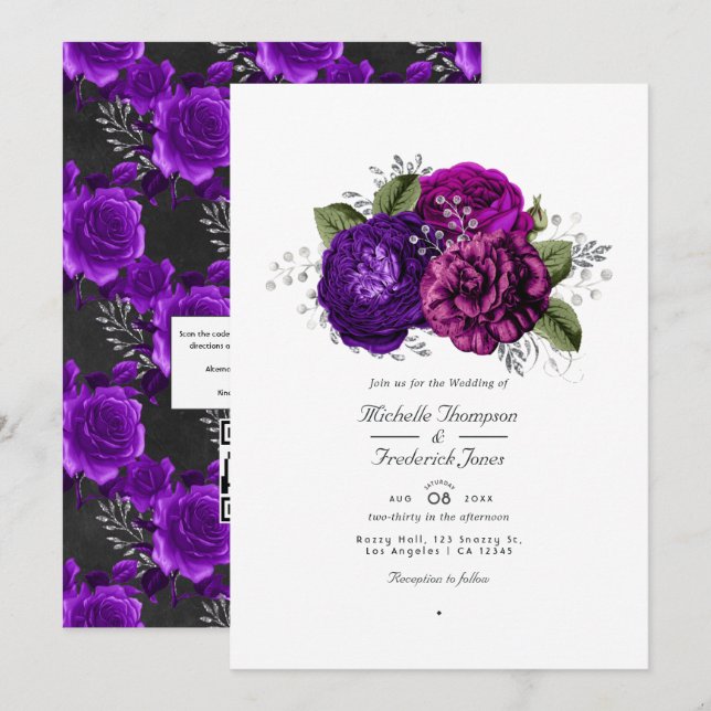 Convites Casamento RSVP de Código QR Floral Real Roxo e Pra (Frente/Verso)