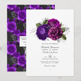 Convites Casamento RSVP de Código QR Floral Real Roxo e Pra