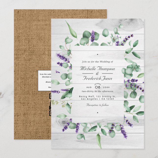 Convites Casamento RSVP de Código QR Russo da Lavanda Eucal (Frente/Verso)