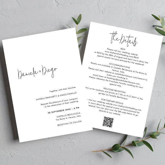 Convites Casamento RSVP de Código QR Simples e Elegante (Simple, minimalist wedding invitation with QR code and RSVP on back.)
