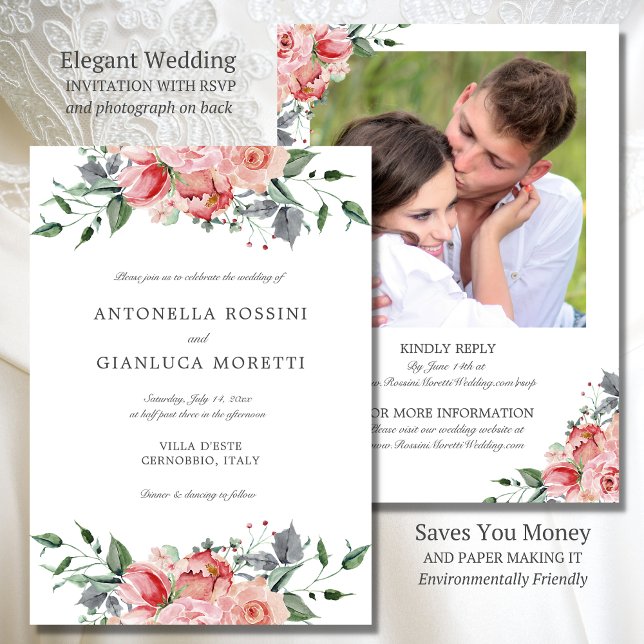 Convites Casamento RSVP de Fotos das Flores Rosa Elegante (Elegant wedding invitation with RSVP on back saves you money and is environmentally friendly)