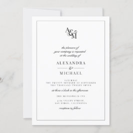 Convites Casamento RSVP de Monograma Branco Negro Simples E