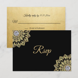 Convites Casamento RSVP Mandala Indiano Preto Dourado Perso
