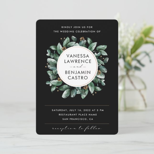 Convites Casamento Rsvp preto Eucalyptus Greenery (Em pé/Frente)