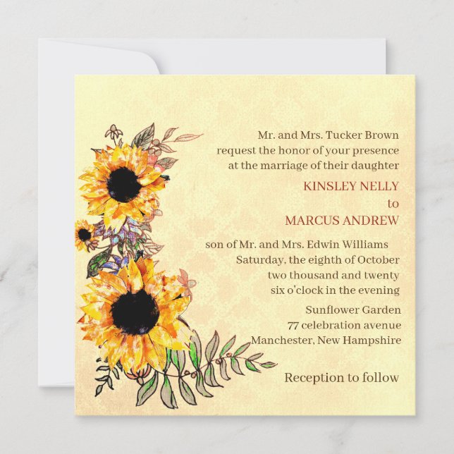 Convites Casamento Russo Amarelo-Sunflower (Frente)