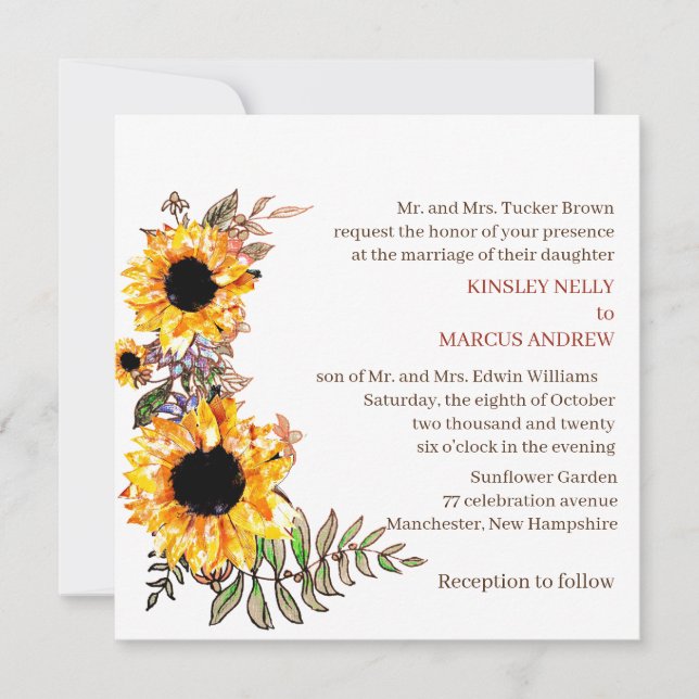 Convites Casamento Russo Amarelo-Sunflower (Frente)