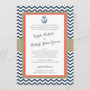 Convites Casamento Russo Azul-Coral-Anchor e Chevron