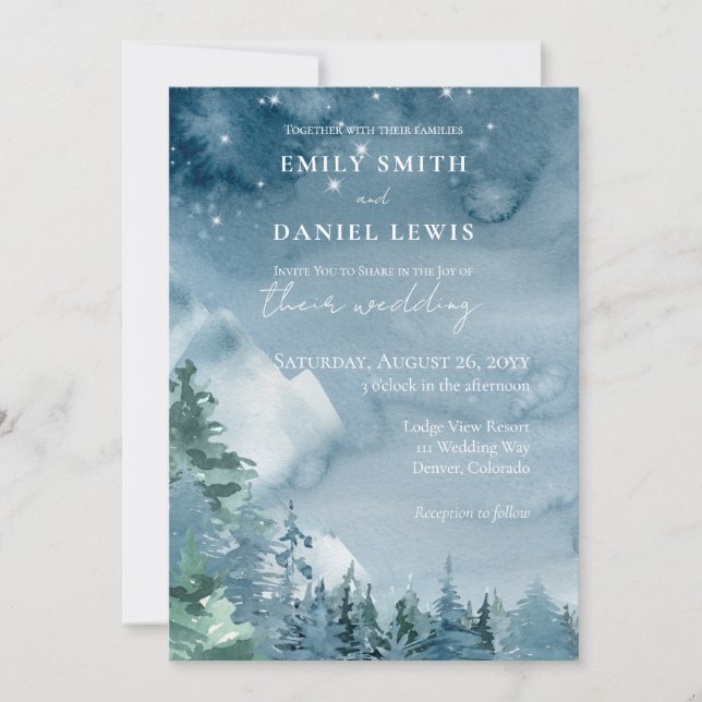 Convites Casamento Russo Azul-Escuro das Montanhas Watercol (Frente)