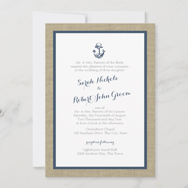 Convites Casamento Russo Azul-Marinho Anchor e Burlap (Frente)