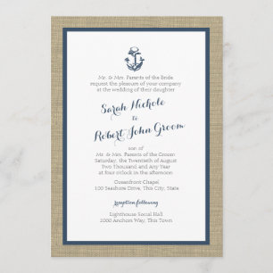 Convites Casamento Russo Azul-Marinho Anchor e Burlap
