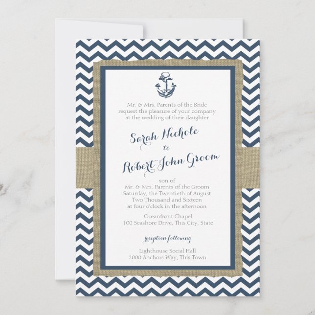 Convites Casamento Russo Azul-Marinho Anchor e Chevron (Frente)