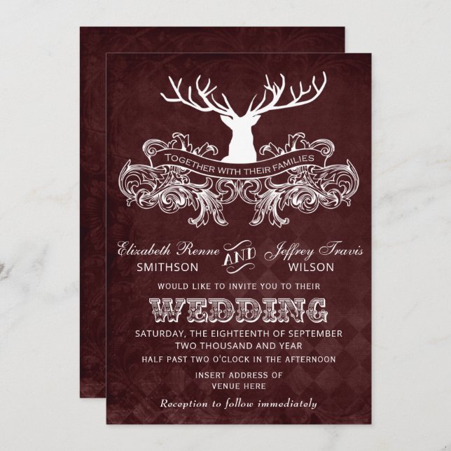Convites Casamento Russo Burgundy Antler Deer Woodland (Frente/Verso)