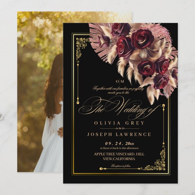 Convites Casamento Russo Burgundy Black Floral Boho (Frente/Verso)
