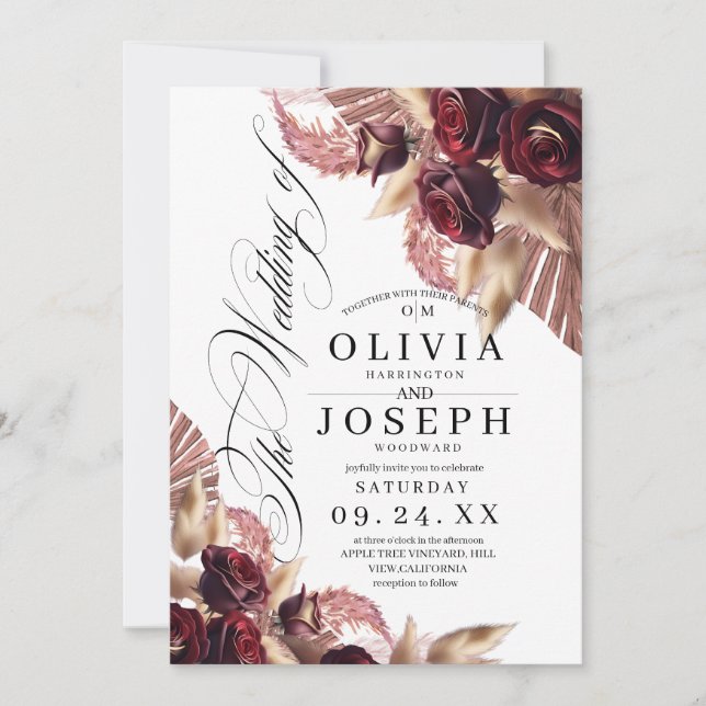 Convites Casamento Russo Burgundy Red Floral Boho (Frente)