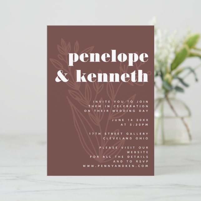 Convites Casamento Russo Caloroso de Arte Floral Minimalist (Em pé/Frente)