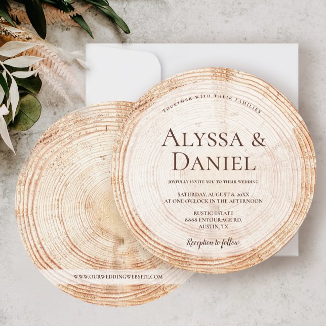 Convites Casamento Russo Da Madeira Do Boho Da Montanha (Round circle rustic wood wedding invitation. Mountain forest wedding nature inspired.)