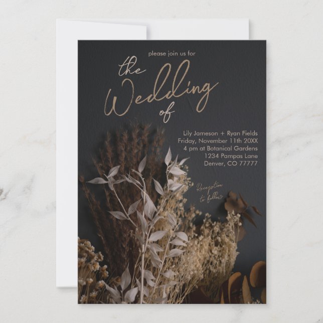 Convites Casamento Russo de Boho Floral Seco Negra (Frente)