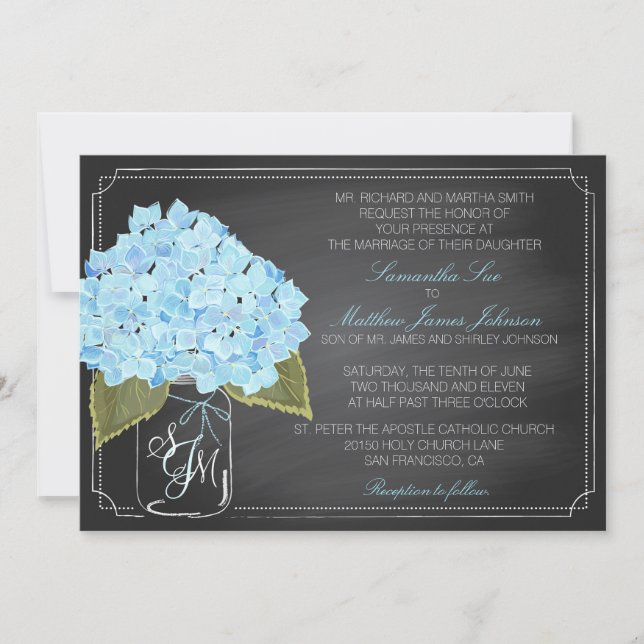 Convites Casamento Russo de Chalkboard Blue Hydrangea (Frente)
