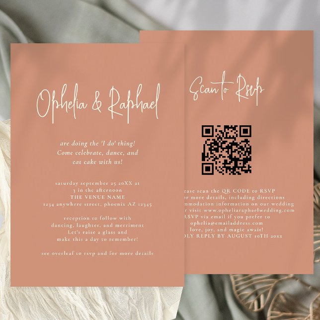 Convites Casamento Russo de Código QR Boho Terracotta (Front and back view. Available digitally or printed.)