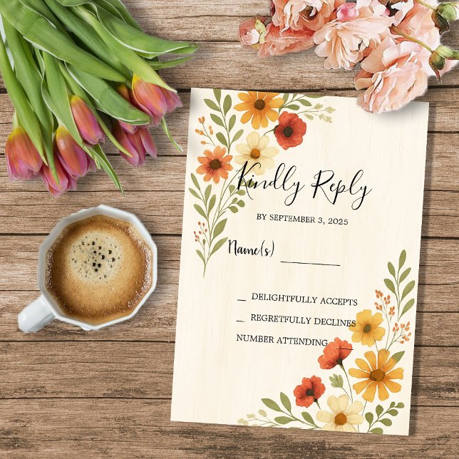 Convites Casamento russo de flores aquáticas modernas RSVP (Rustic modern watercolor flowers boho wedding RSVP Invitation.)