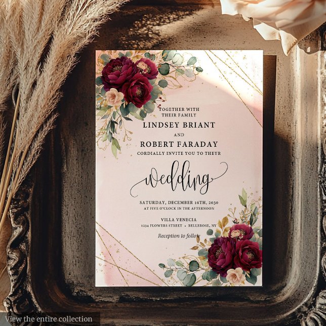 Convites Casamento Russo De Flores Douradas Vermelhas Chic  (Chic Dark Red Gold Blush Flowers Rustic Wedding Invitation)